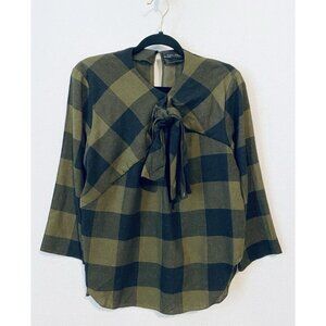 Zara Top Womens Medium Dark Green Black Buffalo Plaid Wool Blend Tie Neck Preppy